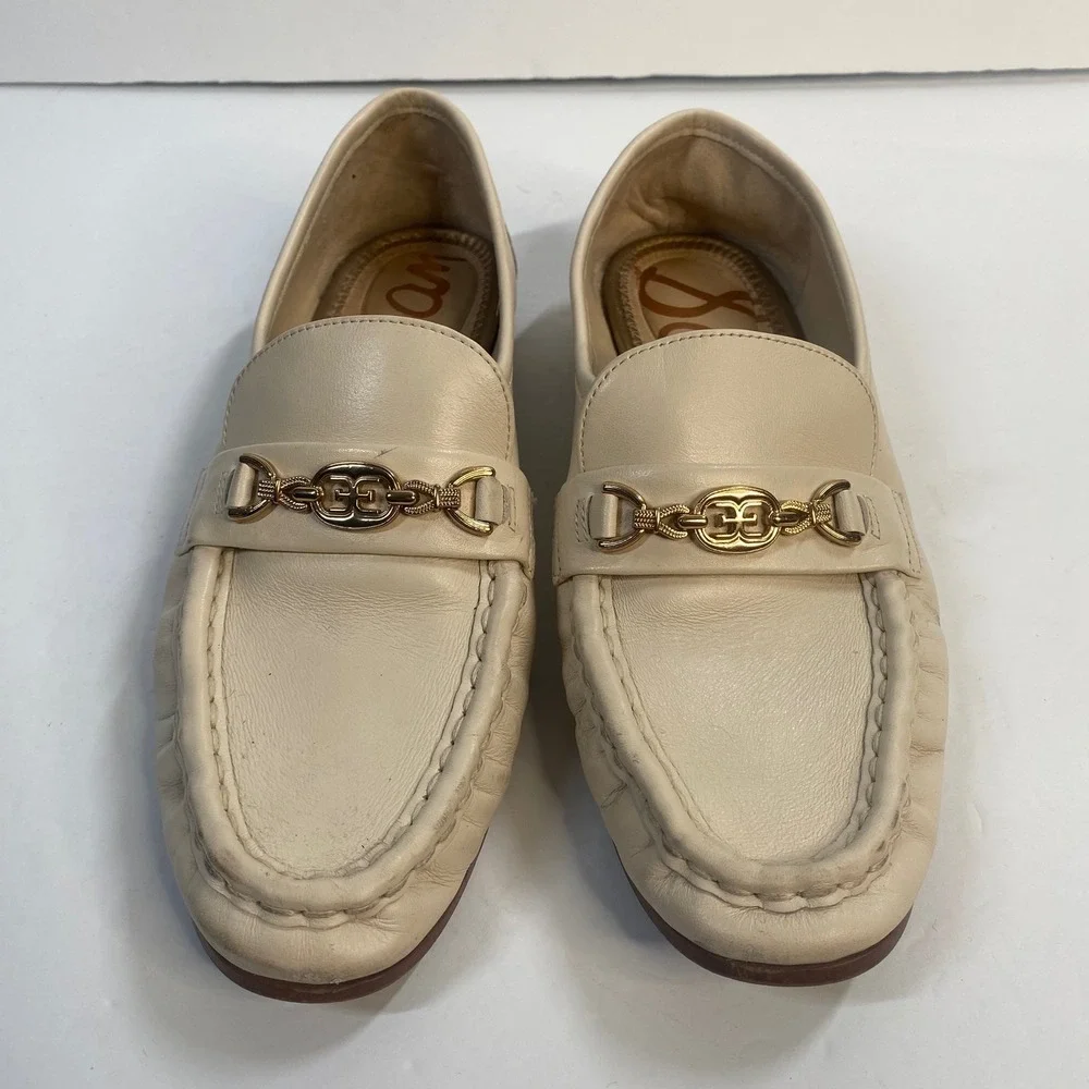 Sam Edelman Loraine Bit Loafers Women 6.5 Ivory Leather‎ Gold Hardware Classic